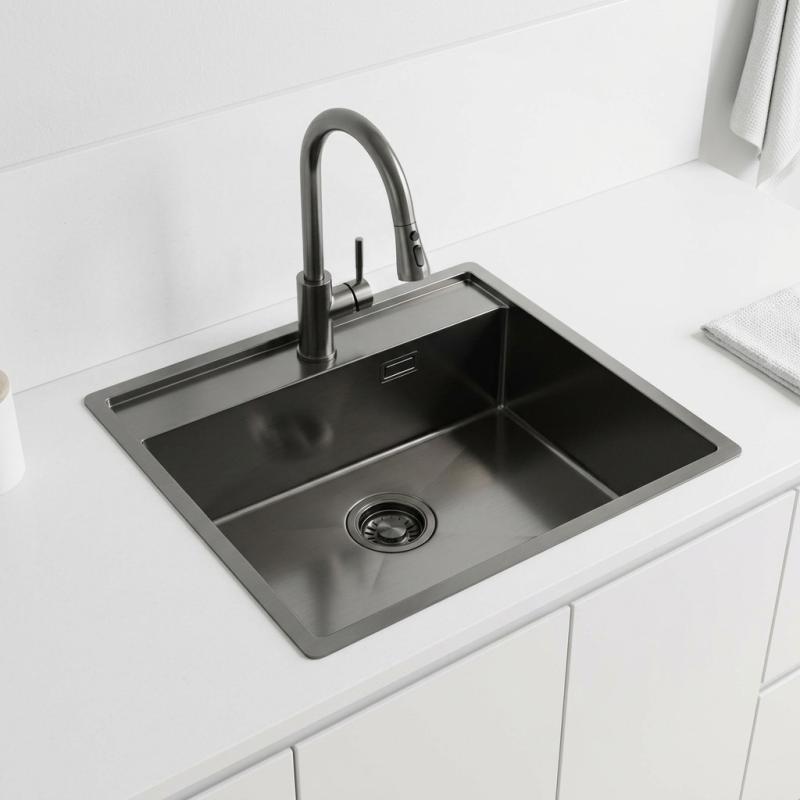 Pure.Sink Luxion Gun metal spoelbak 51x50 cm Tapwing met kraangatbank PLX5150T-61